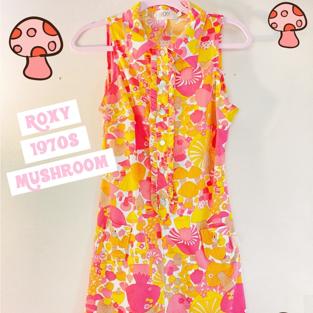 Roxy Brand 1970s Style Print Pink, Yellow, Orange Mushroom Tunic/Dress